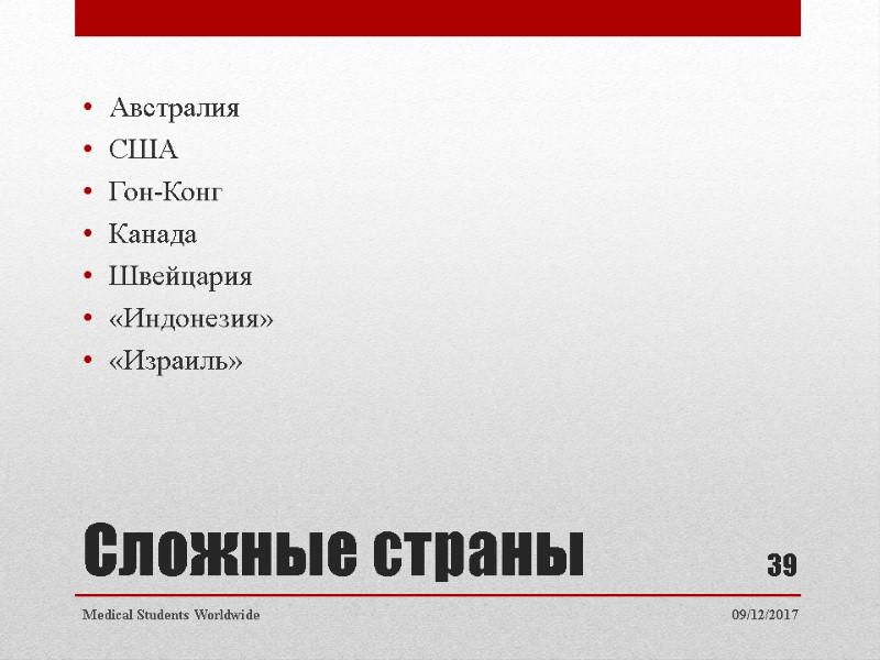 Сложные страны Австралия США Гон-Конг Канада Швейцария «Индонезия» «Израиль» 09/12/2017 Medical Students Сложные страны Австралия США Гон-Конг Канада Швейцария «Индонезия» «Израиль» 09/12/2017 Medical Students